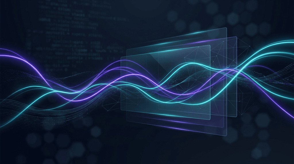 Abstract hero art: integrated digital systems in navy, teal, and violet