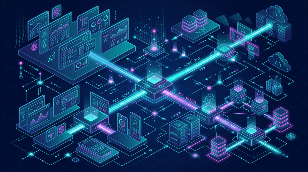 Abstract art suggesting custom web applications and connected APIs
